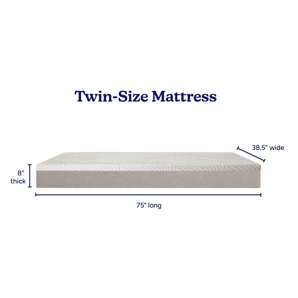 Twin-size mattress dimensions: 38.5 inches wide, 75 inches long, and 8 inches thick, perfect for compact sleeping spaces.