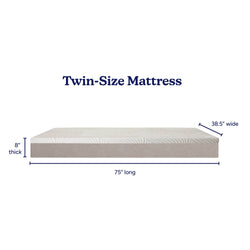 Twin-size mattress dimensions: 38.5 inches wide, 75 inches long, and 8 inches thick, perfect for compact sleeping spaces.