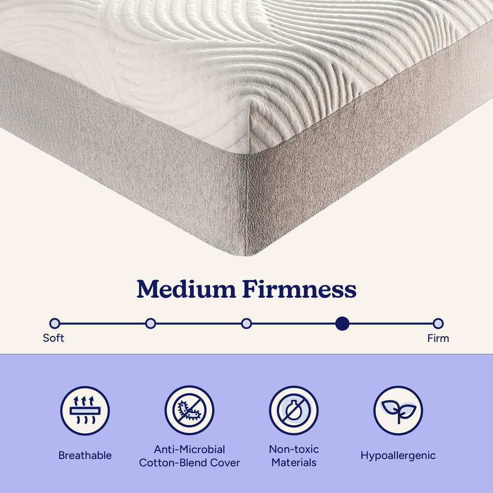 Medium firmness mattress with breathable, anti-microbial cotton-blend cover, made from non-toxic and hypoallergenic materials.