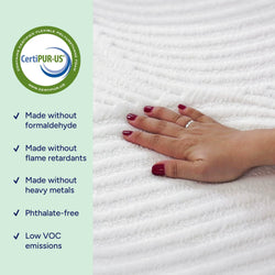 Hand touching CertiPUR-US certified mattress, highlighting eco-friendly features like no formaldehyde, no flame retardants, no heavy metals, phthalate-free, and low VOC emissions.