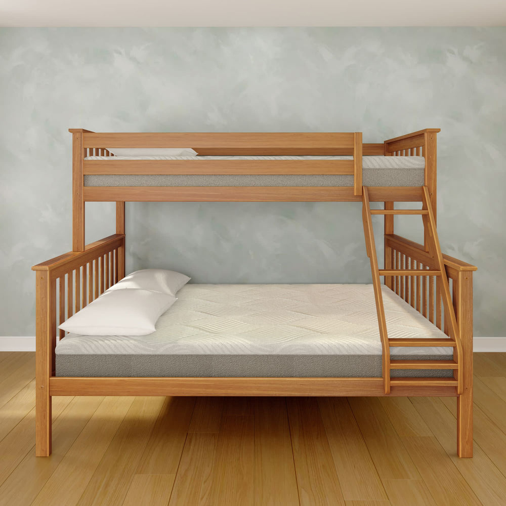 Wooden bunk bed with a twin over full design in a modern bedroom setting.