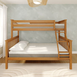 Wooden bunk bed with ladder in modern bedroom setting.