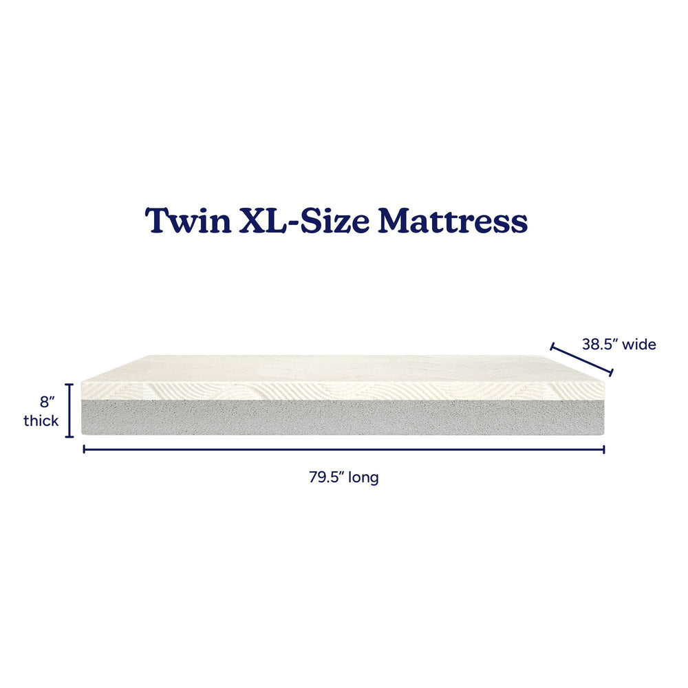 Twin XL Size Mattress with Dimensions: 79.5 Inches Long, 38.5 Inches Wide, 8 Inches Thick.