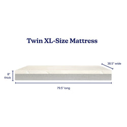 Twin XL Size Mattress with Dimensions: 79.5 Inches Long, 38.5 Inches Wide, 8 Inches Thick.
