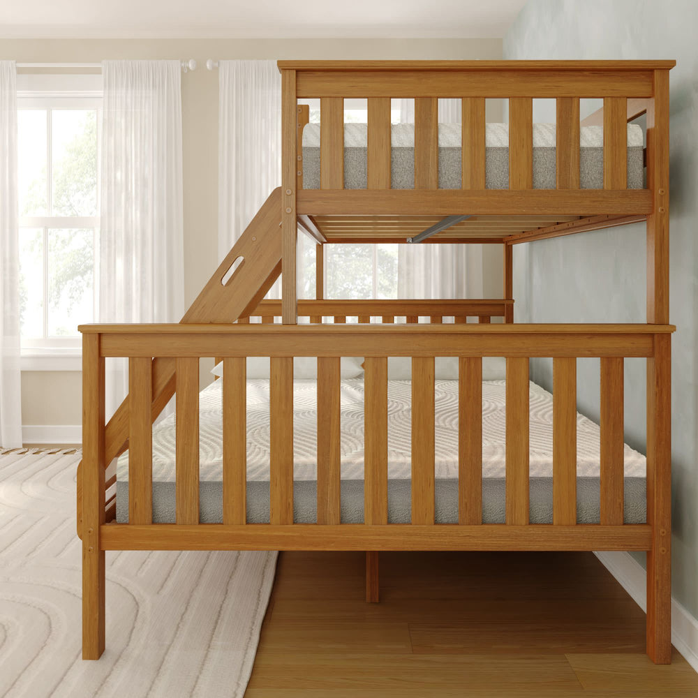Wooden bunk bed with ladder in a bright, modern bedroom setting.