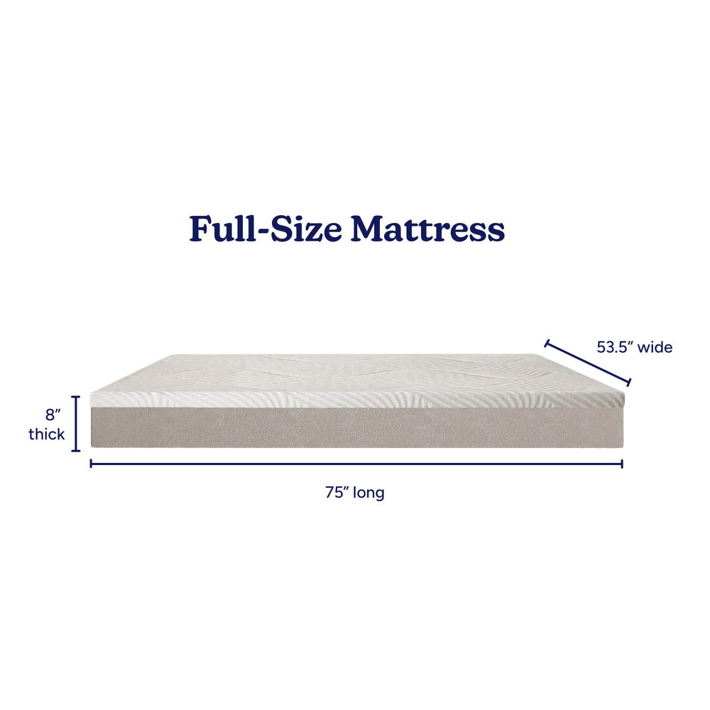 Full-size mattress dimensions: 75 inches long, 53.5 inches wide, 8 inches thick.