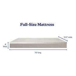 Full-size mattress dimensions: 75 inches long, 53.5 inches wide, 8 inches thick.
