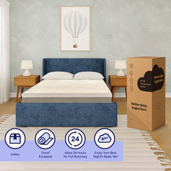 Modern bedroom setup featuring a 10-inch cooling comfort mattress and blue bed frame, with step-by-step mattress unboxing and setup instructions.