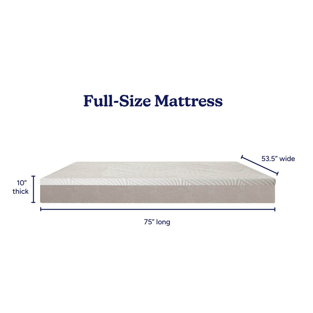 Full-size mattress dimensions: 75 inches long, 53.5 inches wide, 10 inches thick.