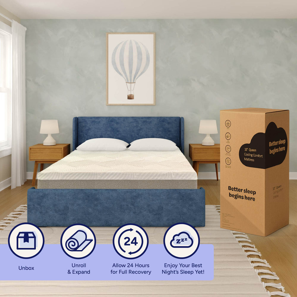 Queen size cooling comfort mattress in a modern bedroom with blue bed frame and bedside tables.
