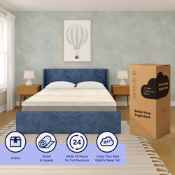Queen size cooling comfort mattress in a modern bedroom with blue bed frame and bedside tables.