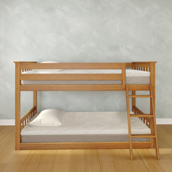 Wooden bunk bed with mattresses in a modern bedroom setting.