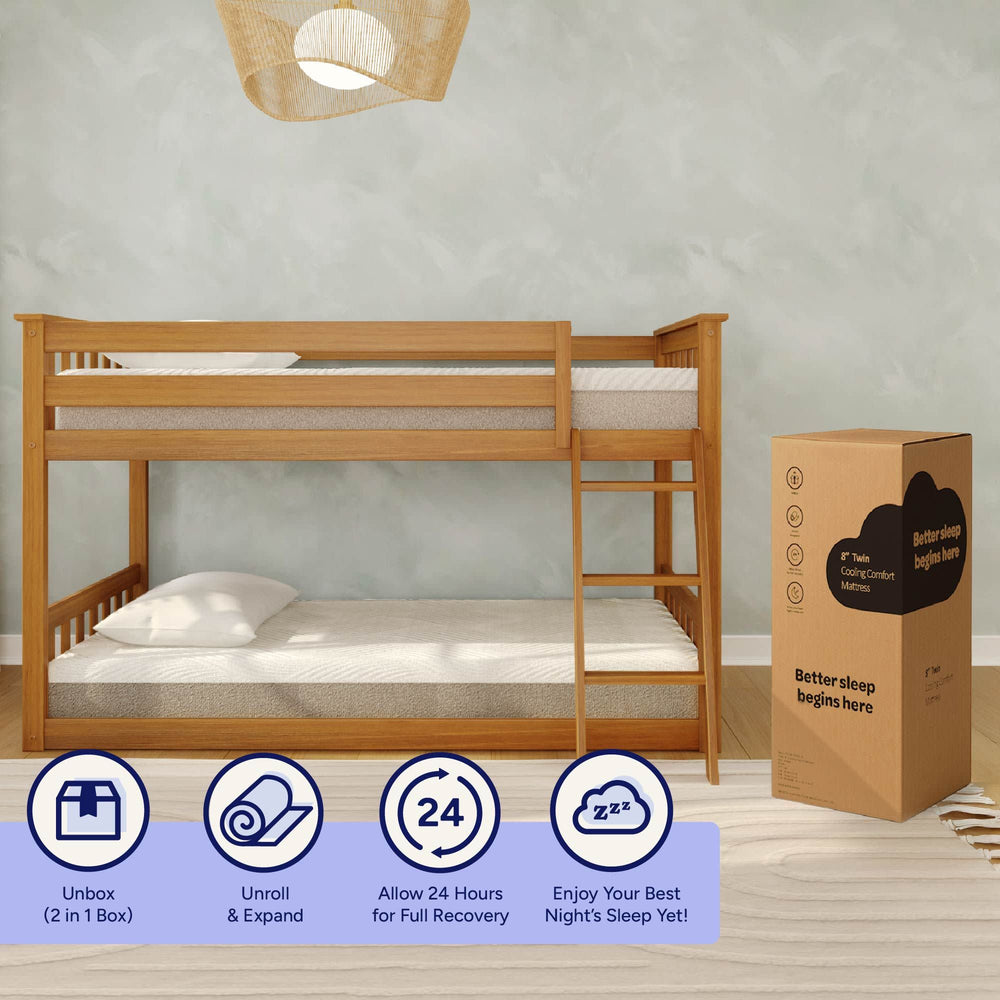 Wooden bunk bed with comfortable mattresses and boxed mattress instructions in a serene bedroom setting.