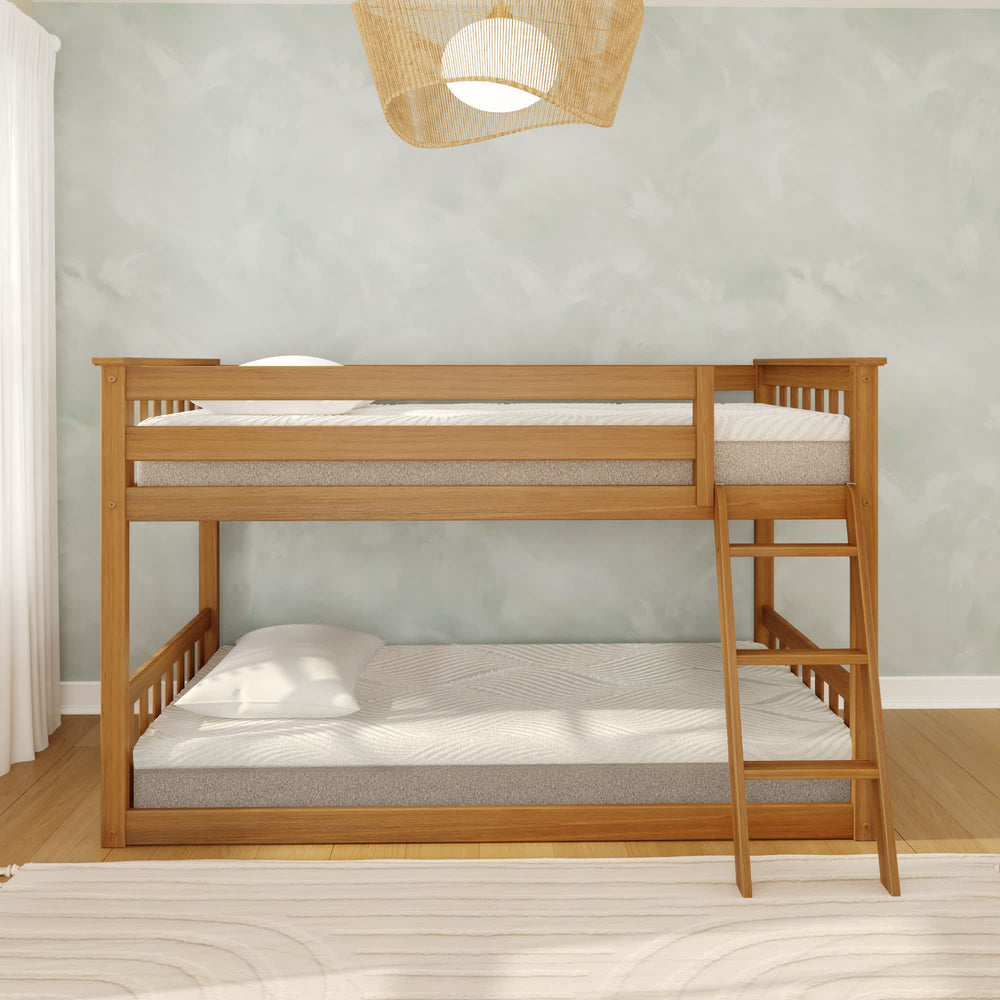 Wooden bunk bed with ladder in modern bedroom setting.