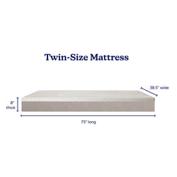 Twin-size mattress dimensions: 75 inches long, 38.5 inches wide, 8 inches thick.