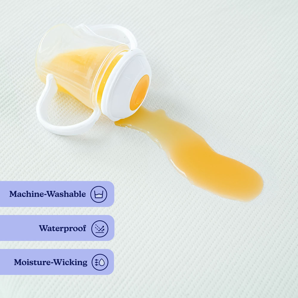Spilled juice on waterproof, machine-washable, moisture-wicking fabric.