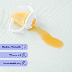 Spilled juice on waterproof, machine-washable, moisture-wicking fabric.