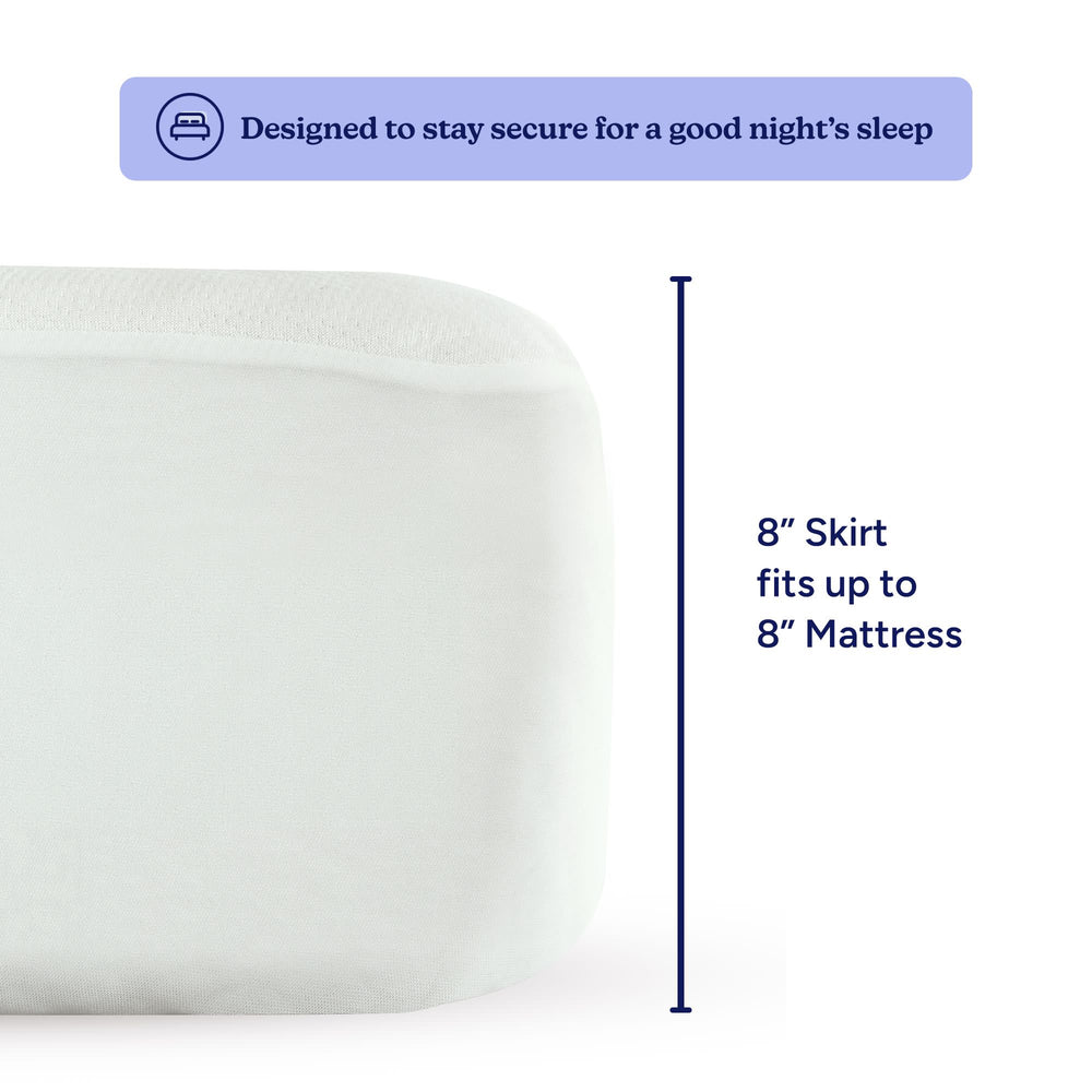 White mattress cover with an 8-inch deep skirt designed to fit up to 8-inch mattresses, ensuring a secure night’s sleep.