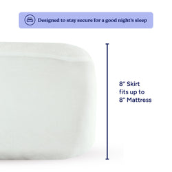 White mattress cover with an 8-inch deep skirt designed to fit up to 8-inch mattresses, ensuring a secure night’s sleep.
