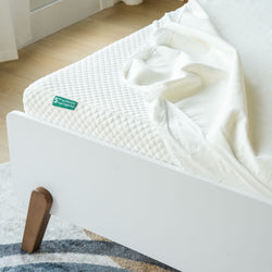 5-inch gel memory foam mattress with white textured cover on modern bed frame.