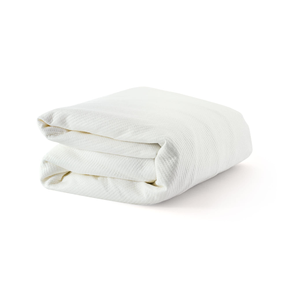Folded white blanket on a white background.