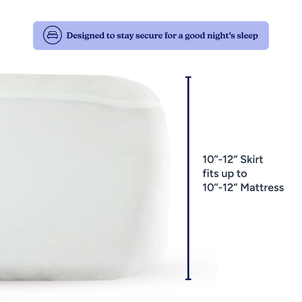 Mattress protector with 10-12 inch skirt for secure fit and good night's sleep.
