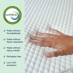 CertiPUR-US certified mattress with hand touch, showcasing features like no formaldehyde, flame retardants, heavy metals, phthalates, and low VOC emissions.