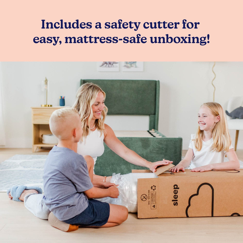 Family unboxing a mattress with a safety cutter for an easy and mattress-safe setup experience.
