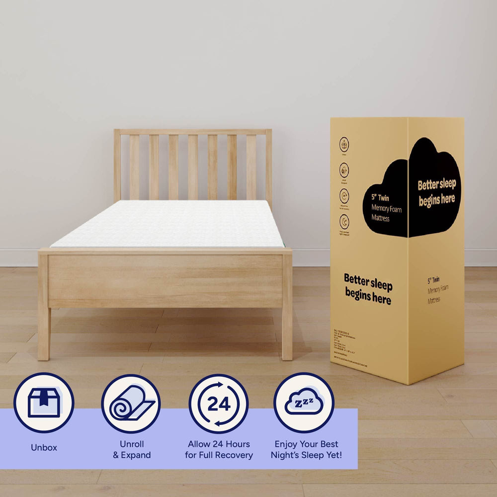 Comfortable twin memory foam mattress on wooden bed frame with easy setup instructions.