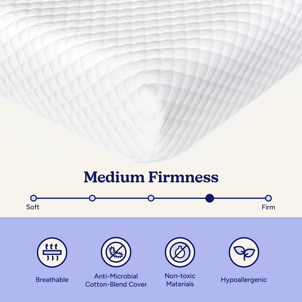 Medium firmness mattress corner with breathable, anti-microbial cotton-blend cover; features non-toxic, hypoallergenic materials.