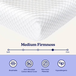 Medium firmness mattress corner with breathable, anti-microbial cotton-blend cover; features non-toxic, hypoallergenic materials.