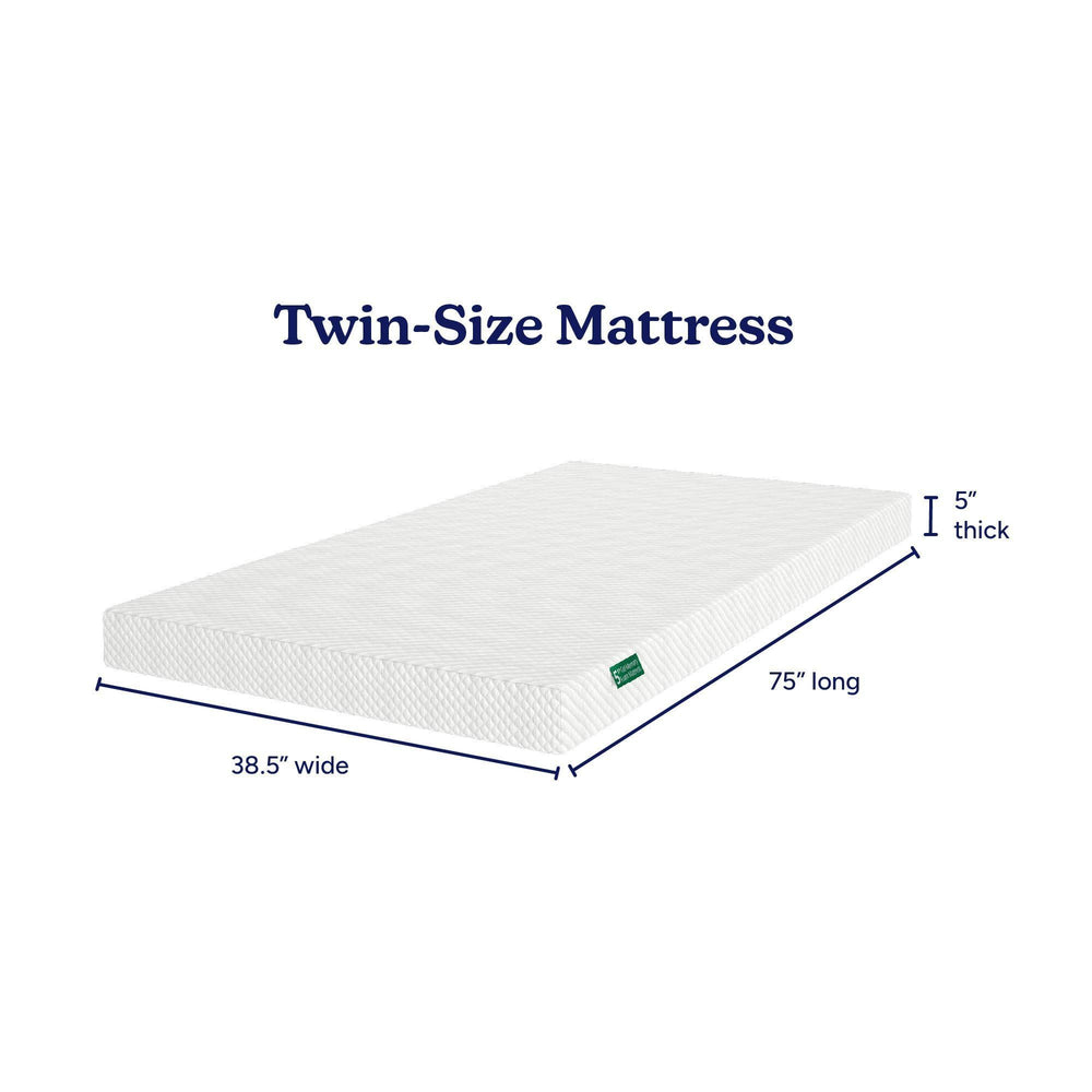 Twin-size mattress dimensions: 38.5 inches wide, 75 inches long, and 5 inches thick.
