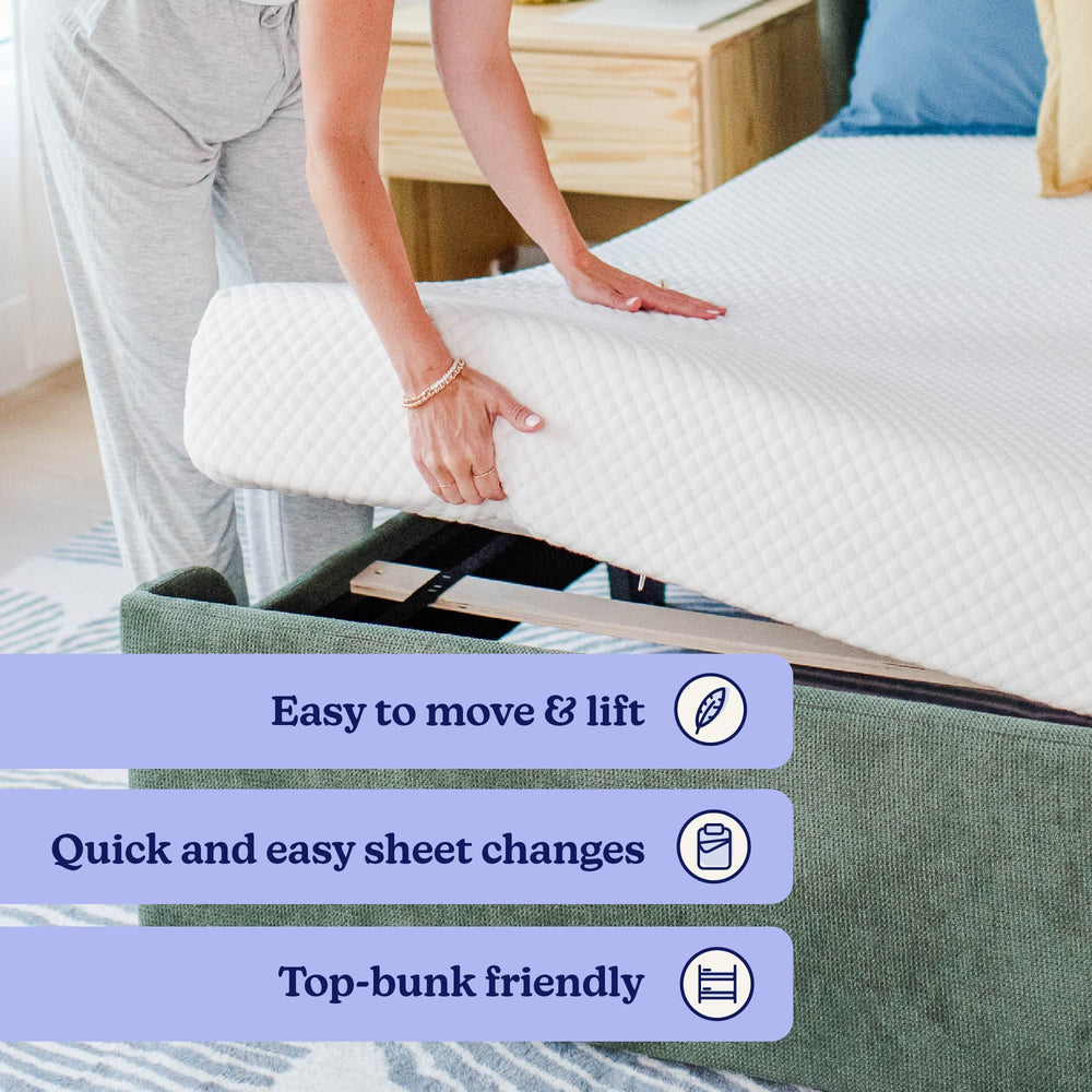 Mattress lifting for easy sheet changes and top-bunk suitability shown.
