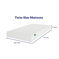 Twin-size mattress dimensions: 38.5 inches wide, 75 inches long, 8 inches thick.