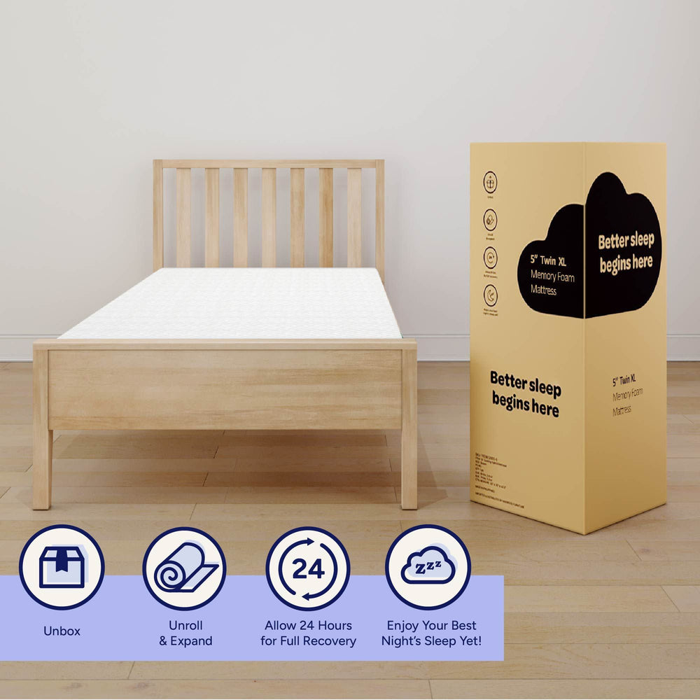 Twin XL memory foam mattress on wooden bed frame with packaging box labeled "Better sleep begins here" on hardwood floor.