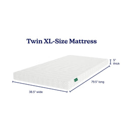 Twin XL mattress dimensions, 38.5 inches wide, 79.5 inches long, and 5 inches thick, ideal for college dorms and compact spaces.