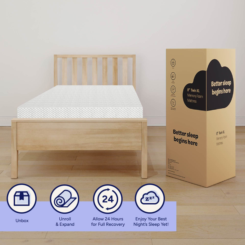 Twin XL memory foam mattress on wooden bed frame, accompanied by packaging box labeled "Better sleep begins here.