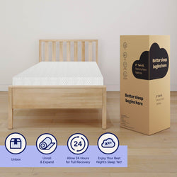 Twin XL memory foam mattress on wooden bed frame, accompanied by packaging box labeled "Better sleep begins here.