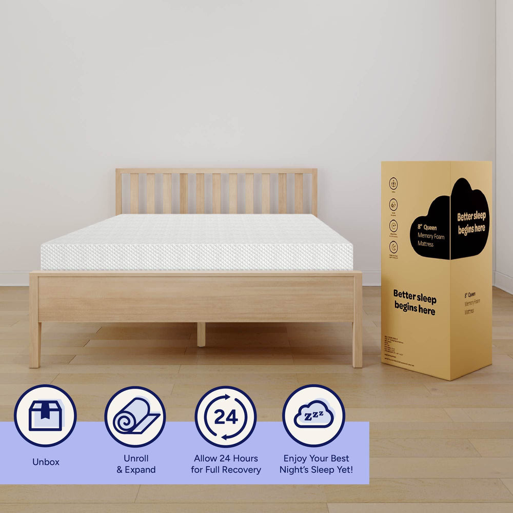 Queen Memory Foam Mattress Setup Instructions - Unbox, Unroll, Expand, Wait 24 Hours, Enjoy Comfortable Sleep.