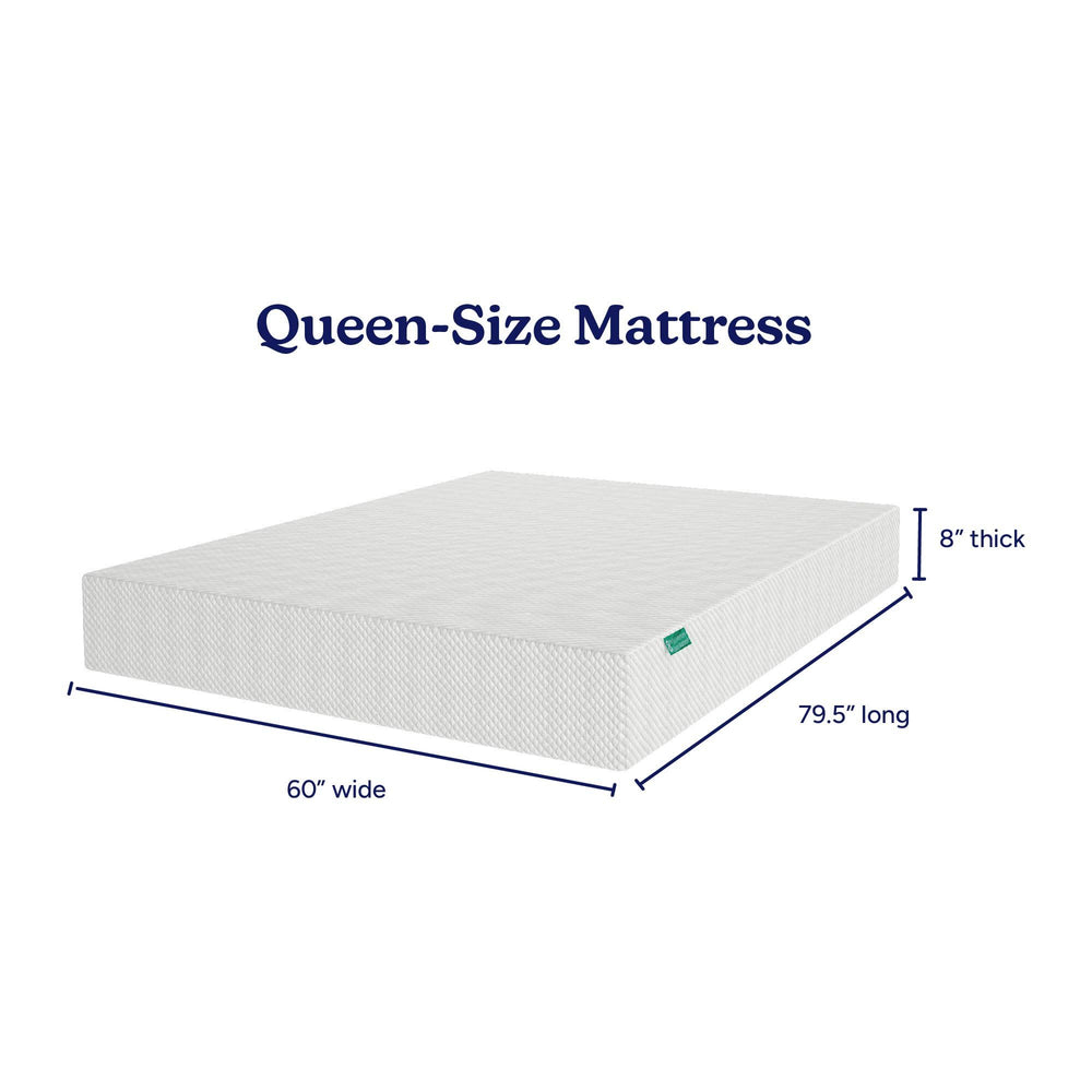 Queen-size mattress dimensions 60 inches wide, 79.5 inches long, 8 inches thick.