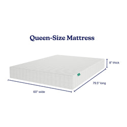 Queen-size mattress dimensions 60 inches wide, 79.5 inches long, 8 inches thick.