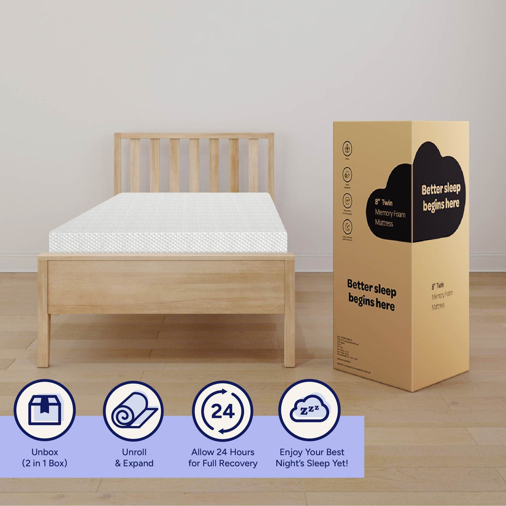 Twin memory foam mattress unboxed on wooden bed frame with packaging box displaying "Better sleep begins here".
