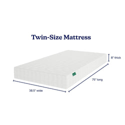 Twin-size mattress dimensions: 75 inches long, 38.5 inches wide, 8 inches thick.