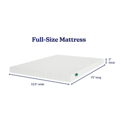 Full-size mattress dimensions illustration, 53.5 inches wide, 75 inches long, 5 inches thick.