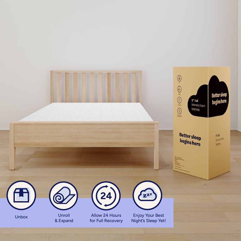 5-inch memory foam mattress on a wooden bed frame with packaging box, highlighting unboxing and expanding instructions for better sleep.