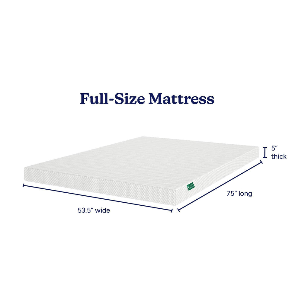 Full-size mattress dimensions 53.5 inches wide by 75 inches long and 5 inches thick.
