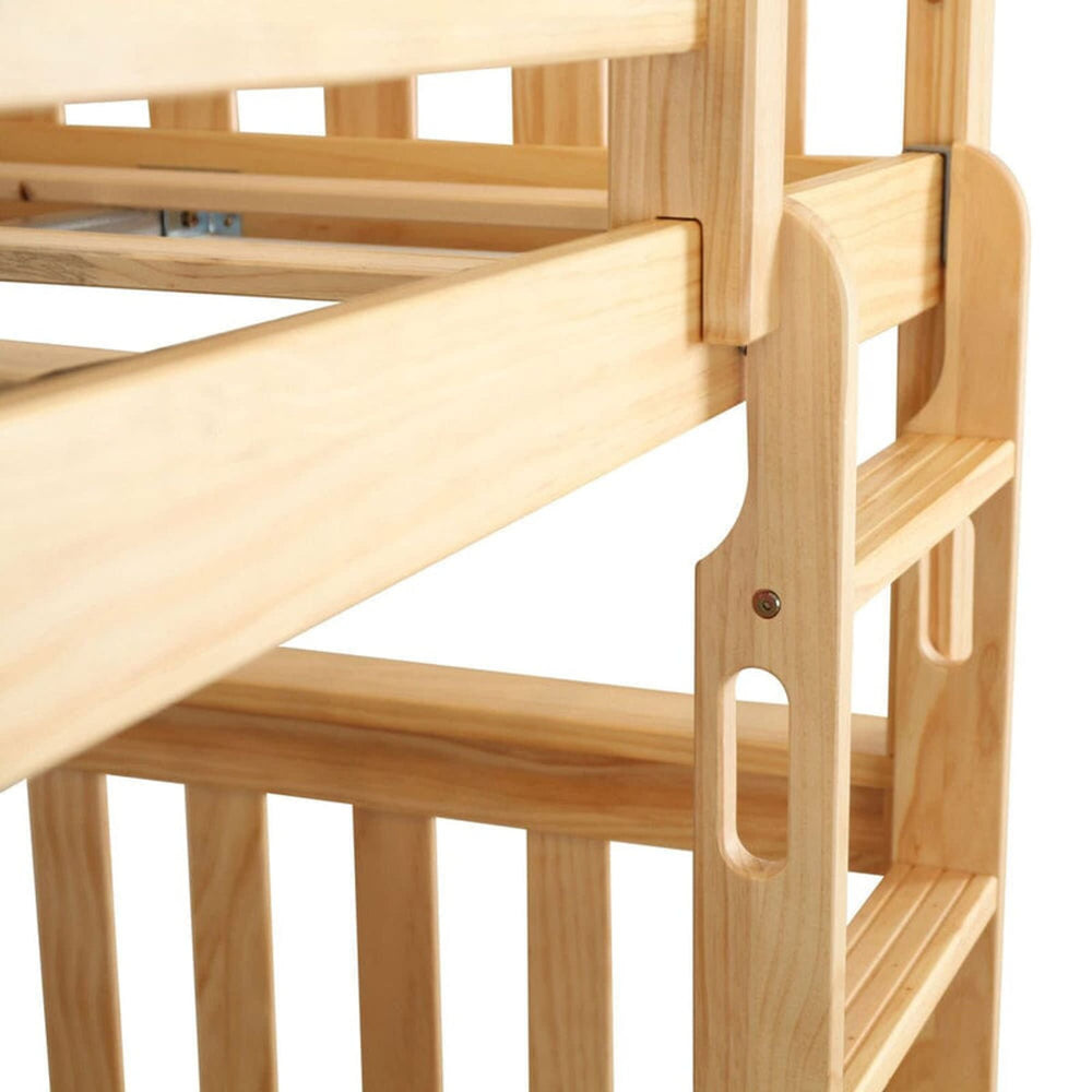 Wooden ladder bunk bed structure close-up with natural finish.