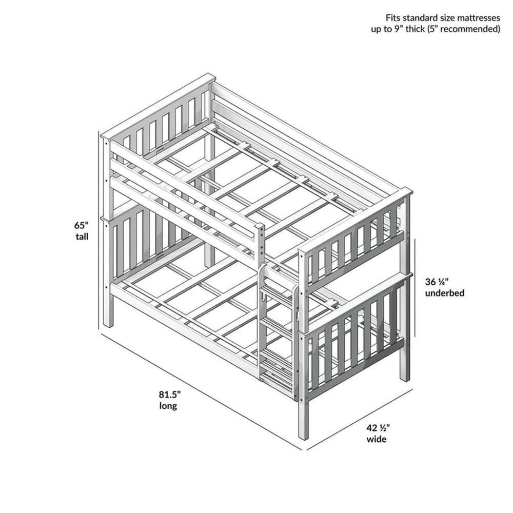 Wooden bunk bed frame dimensions diagram, showing height, width, and length suitable for standard mattresses.