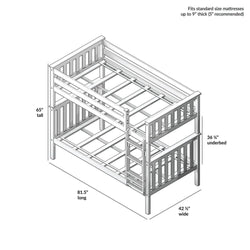 Wooden bunk bed frame dimensions diagram, showing height, width, and length suitable for standard mattresses.