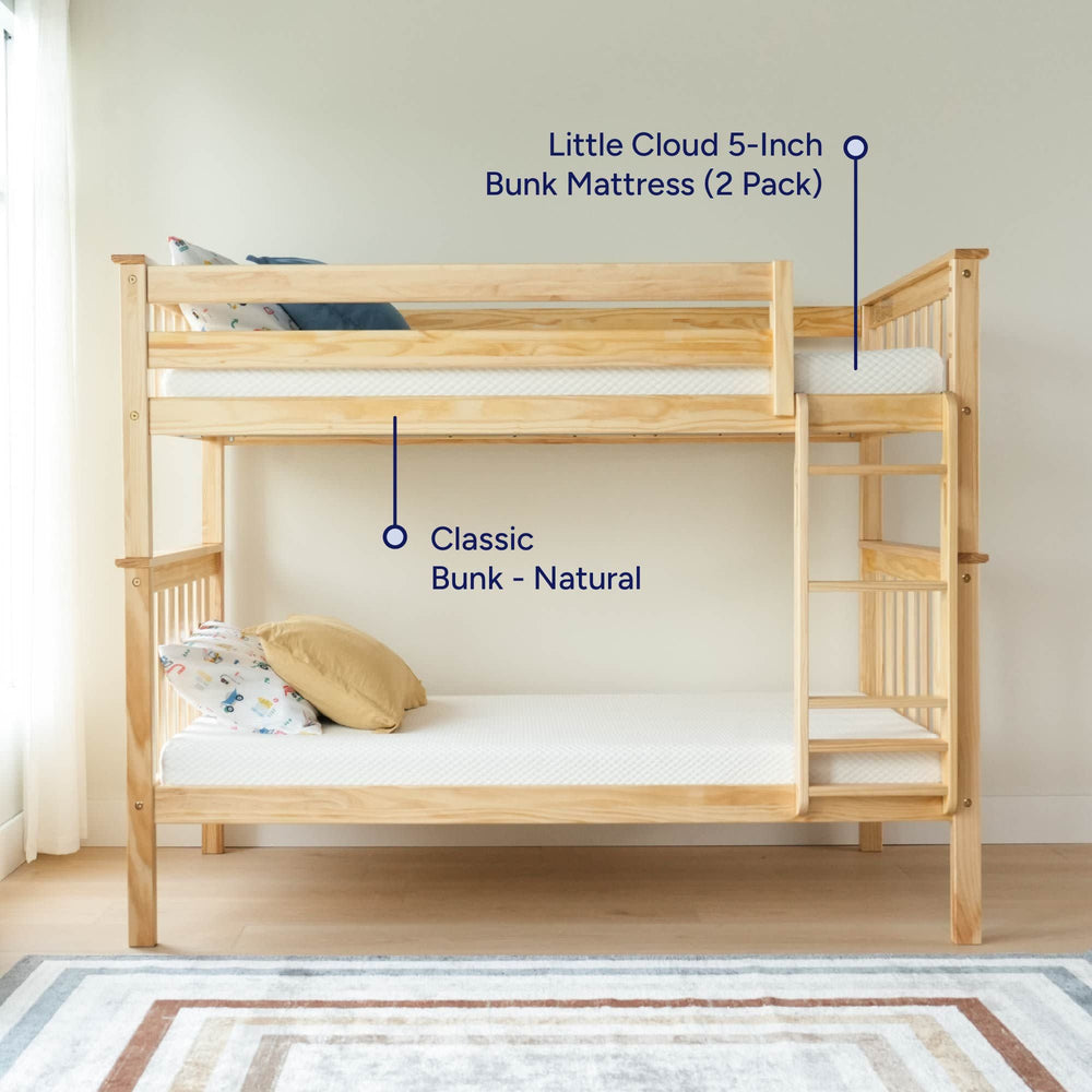 Natural wood classic bunk bed with Little Cloud 5-inch bunk mattresses, showcasing children's bedroom furniture setup.